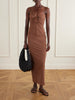 Arced ruched satin maxi dress