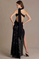 Sequin Lace Scarf-Detail Maxi Dress in Black