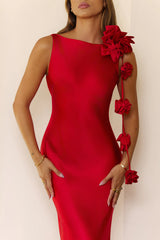 Satin Rose Embellished Maxi Dress Red
