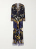 Gathered embellished printed silk maxi dress
