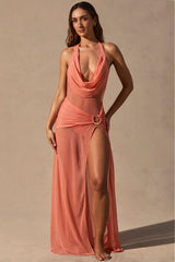 Cowl-Neck Plunge Maxi Dress in Coral