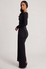 Soft Jersey Boat-Neck Tie-Gather Maxi Dress in Black