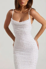 Embellished Cowl-Neck Backless Maxi Dress in White