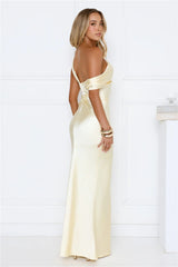 She’s A Dream Satin Off Shoulder Maxi Dress Yellow