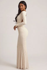 Ruched Backless Lace Maxi Dress in Ivory