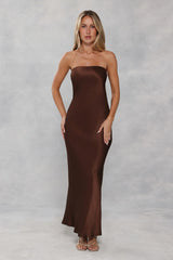 The Felicity Strapless Satin Maxi Dress Chocolate Brown