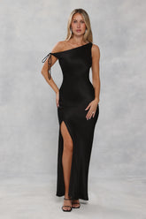 The Clover Off Shoulder Satin Maxi Dress Black