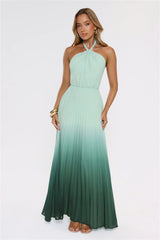 Wave Bloom Halter Pleated Maxi Dress Green