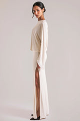 Long-Sleeve Draped Maxi Dress in Vanilla