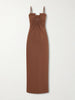 Arced ruched satin maxi dress
