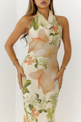 Dreamy Floral Cowl Neck Halter Maxi Dress Cream