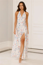 Parade Of Petals Halter Satin Maxi Dress Floral