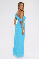 Diamond Horizon Off Shoulder Maxi Dress Blue