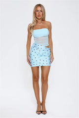 Secret Swoon Satin Strapless Polka Dot Mini Dress Blue