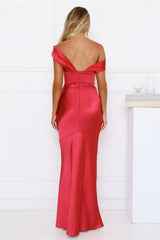 She’s A Dream Satin Off Shoulder Maxi Dress Red