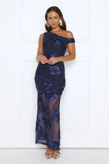 Bloom Soirée Off Shoulder Maxi Dress Navy