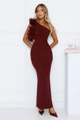 Luxe By Moonlight One Shoulder Mesh Maxi Dress Wine