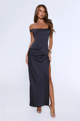 The After Party Off Shoulder Satin Maxi Dress Navy