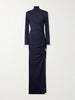 Embellished ruched jersey turtleneck maxi dress
