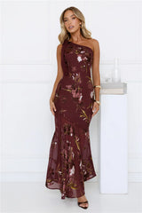 Opulent Bloom One Shoulder Maxi Dress Burgundy