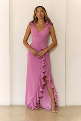 Chic Ruffle Pleated V-Neck Maxi Dress Pink