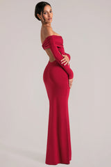 Off-Shoulder Long-Sleeve Maxi Dress in Cherry Red