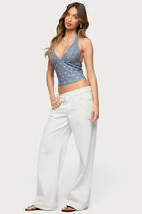 Lacey Polka Dot Lace Up Halter Top