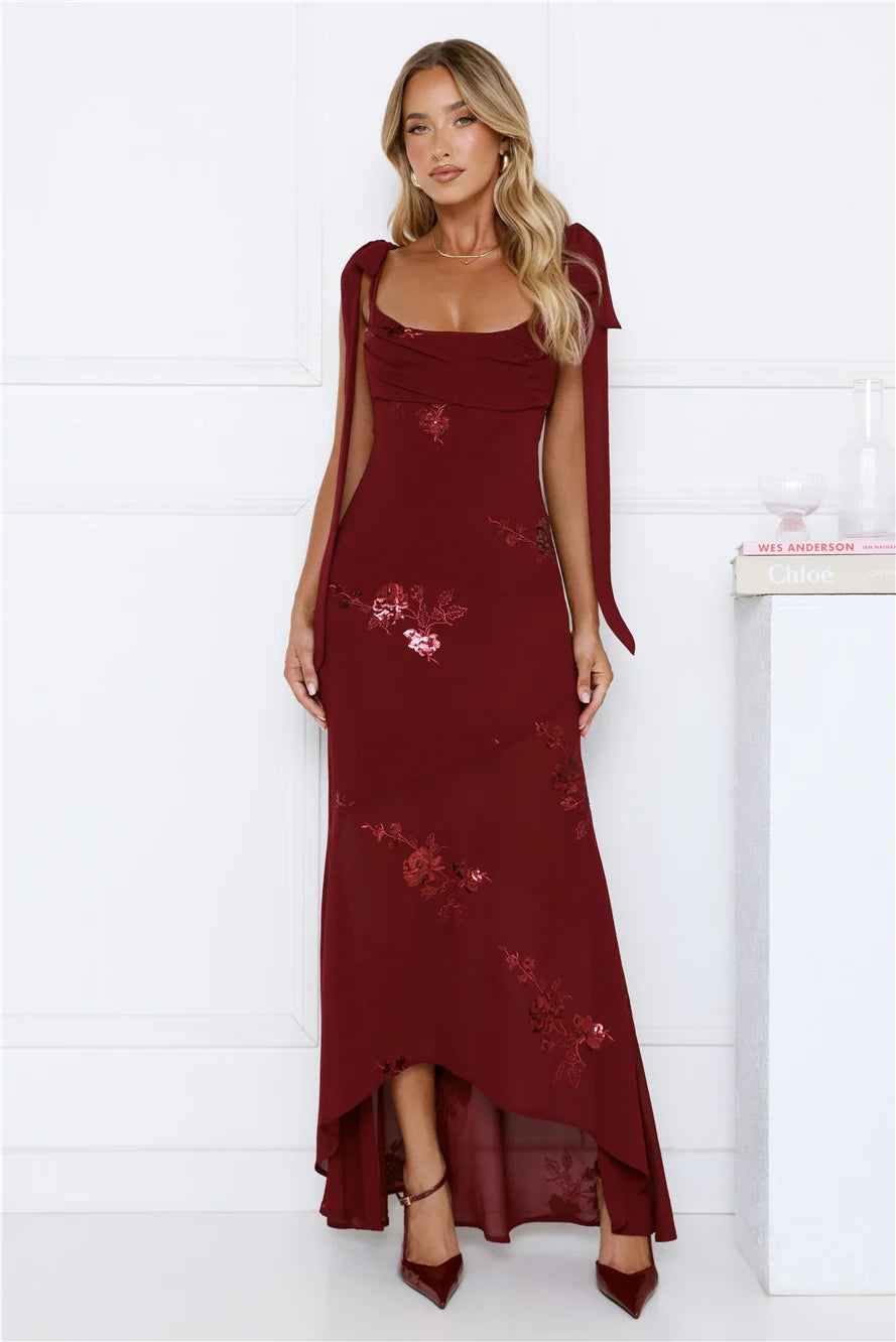 Flirty Sequin Embroidered High-Low Maxi Dress Maroon