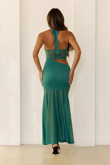 Icon Muse Halter Mesh Lace Maxi Dress Green
