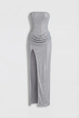 Embellished Bandeau Cowl-Waist Maxi Dress in Frost