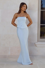 Golden Isle Strapless Satin Maxi Dress Blue