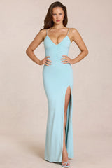 Deep V-Neck Maxi Dress in Light Blue