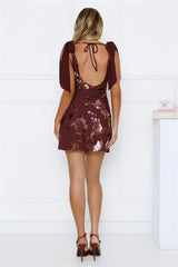 Romantic Floral Tie Shoulder Mini Dress Burgundy