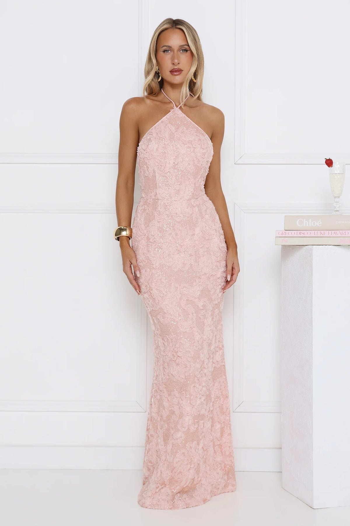 The Sparkling Muse Sequin Halter Maxi Dress Pink
