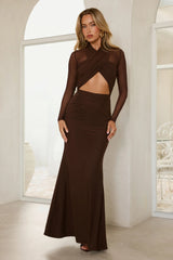 Twist Of Luxe Mesh Long Sleeve Maxi Dress Chocolate