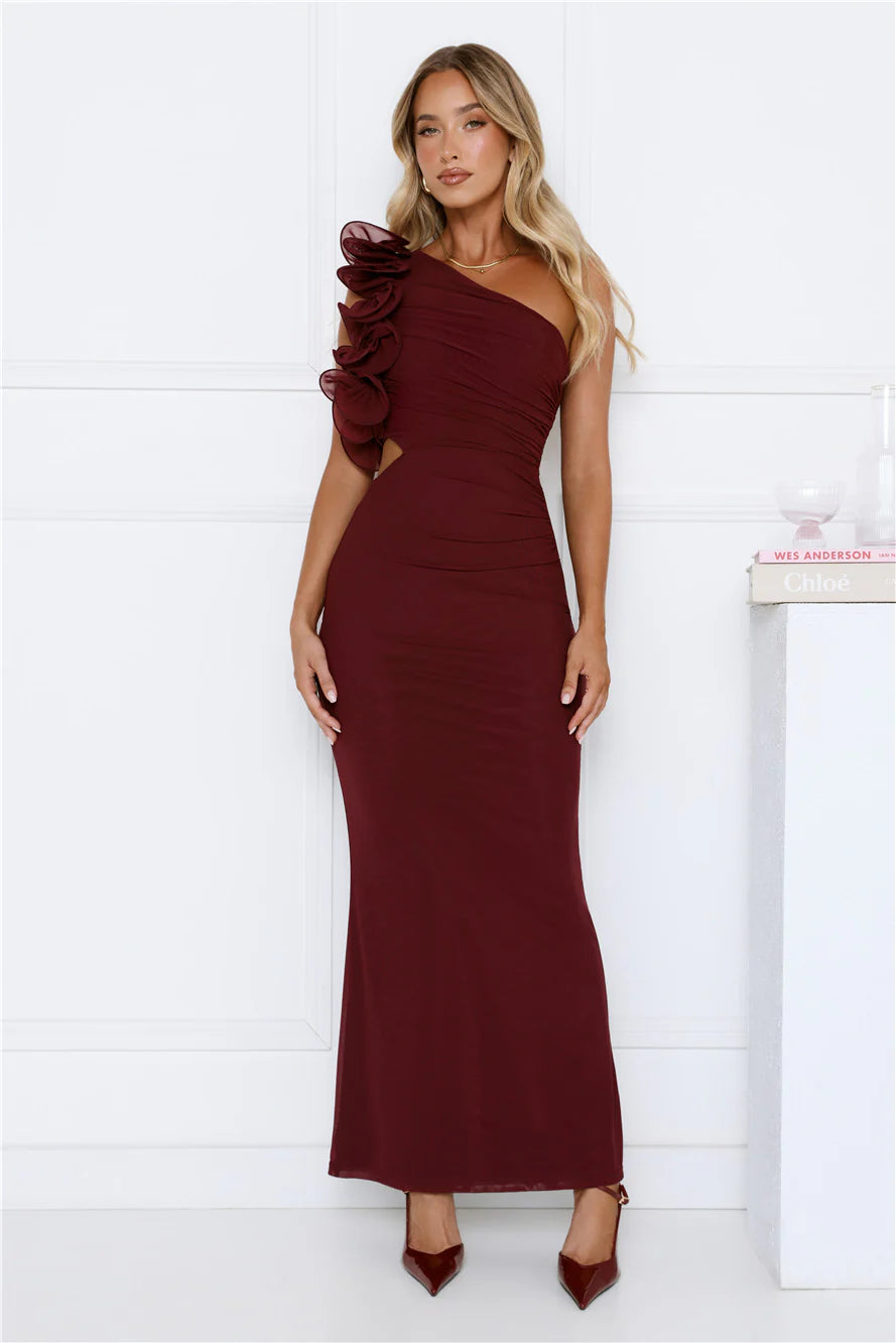 Luxe By Moonlight One Shoulder Mesh Maxi Dress Wine
