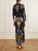 Gathered embellished printed silk maxi dress