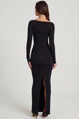 Soft Jersey Boat-Neck Tie-Gather Maxi Dress in Black