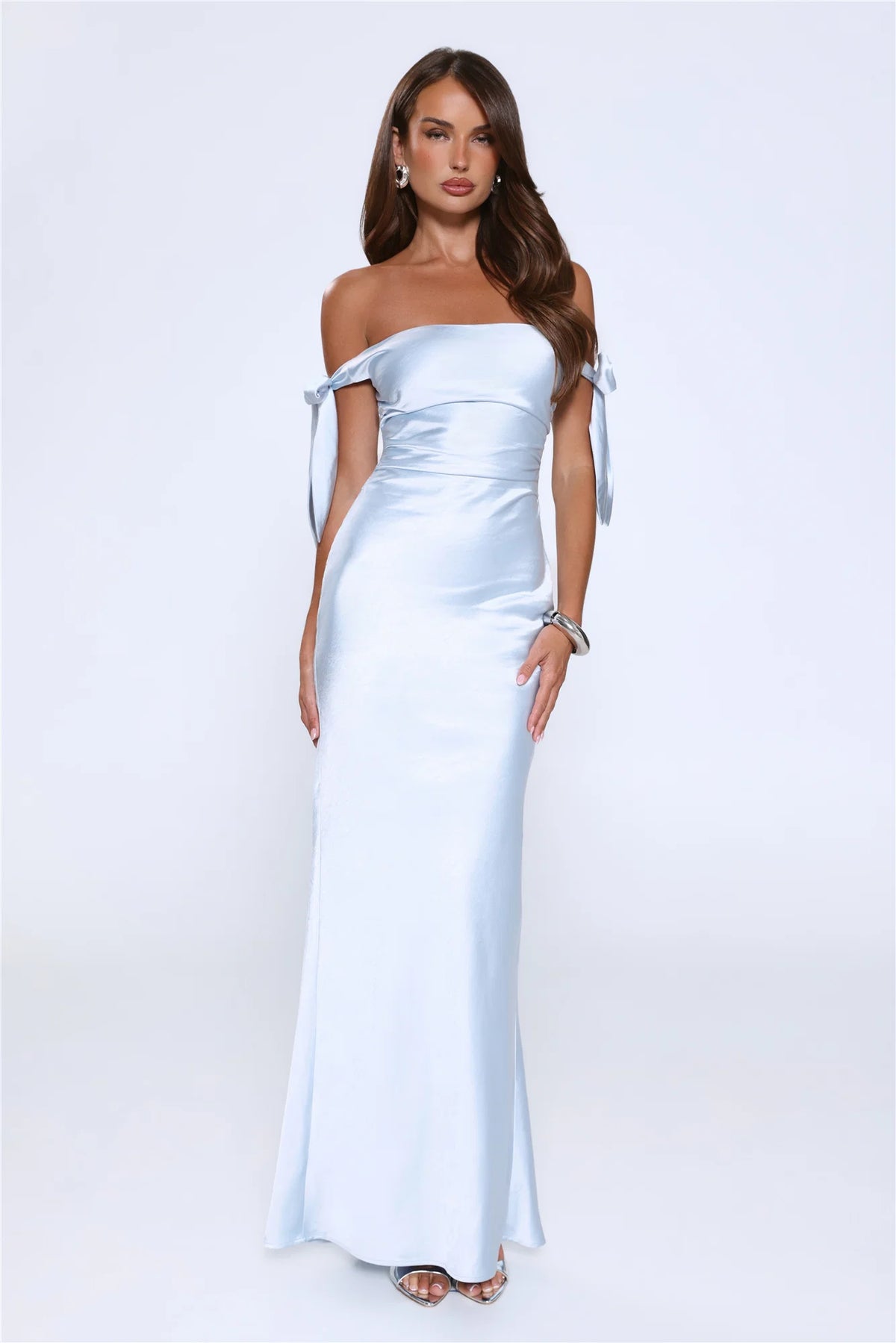 Flirty Intentions Off Shoulder Satin Maxi Dress Blue