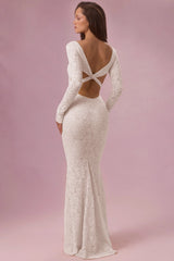 Lace Long-Sleeve Maxi Dress in Pearl