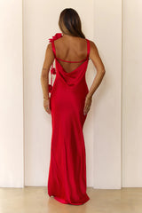 Satin Rose Embellished Maxi Dress Red