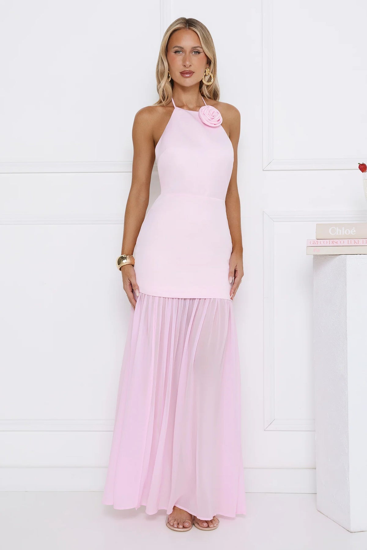 Twilight Soirée Halter Satin Maxi Dress Pink