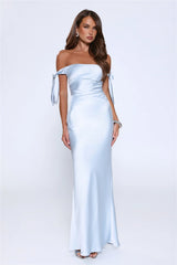 Flirty Intentions Off Shoulder Satin Maxi Dress Blue
