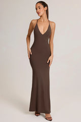 Modal Plunge Backless Maxi Dress in Chocolate Brown
