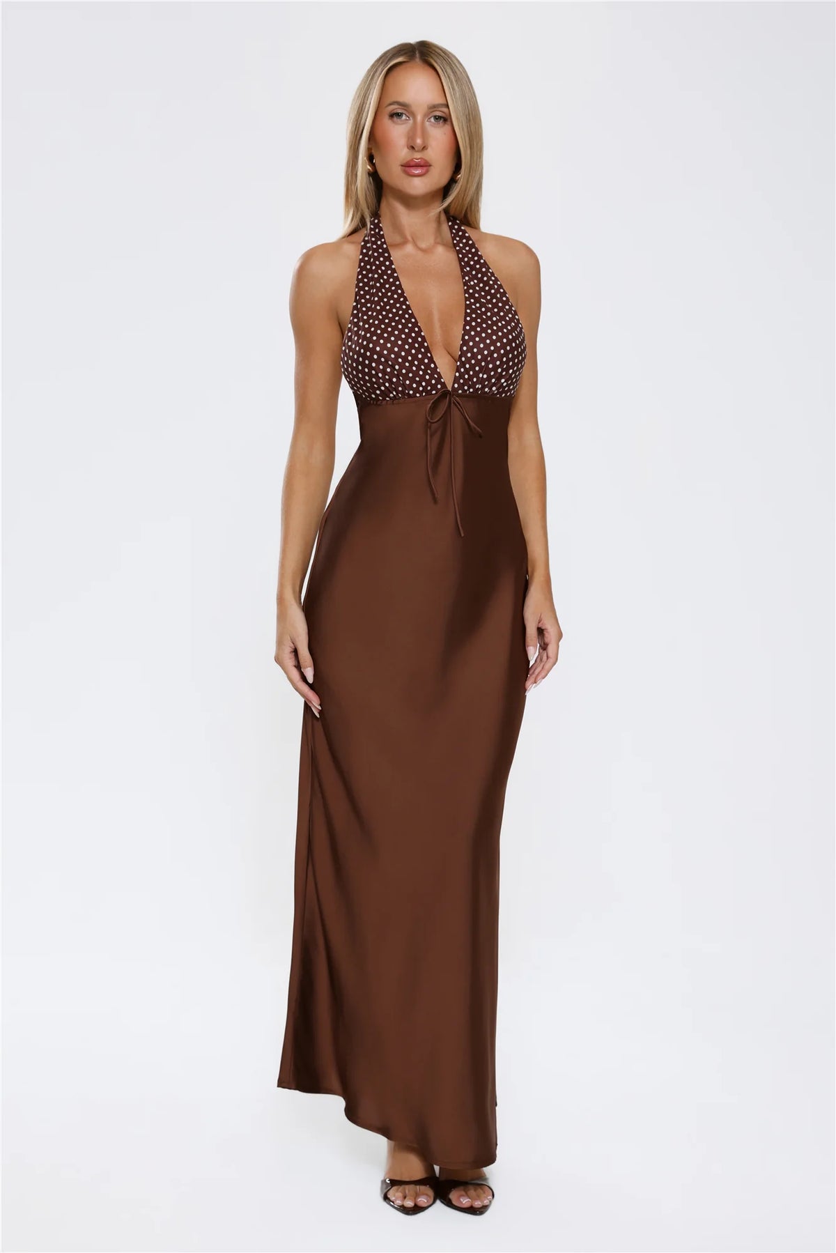Wardrobe Defined Halter Satin Maxi Dress Brown