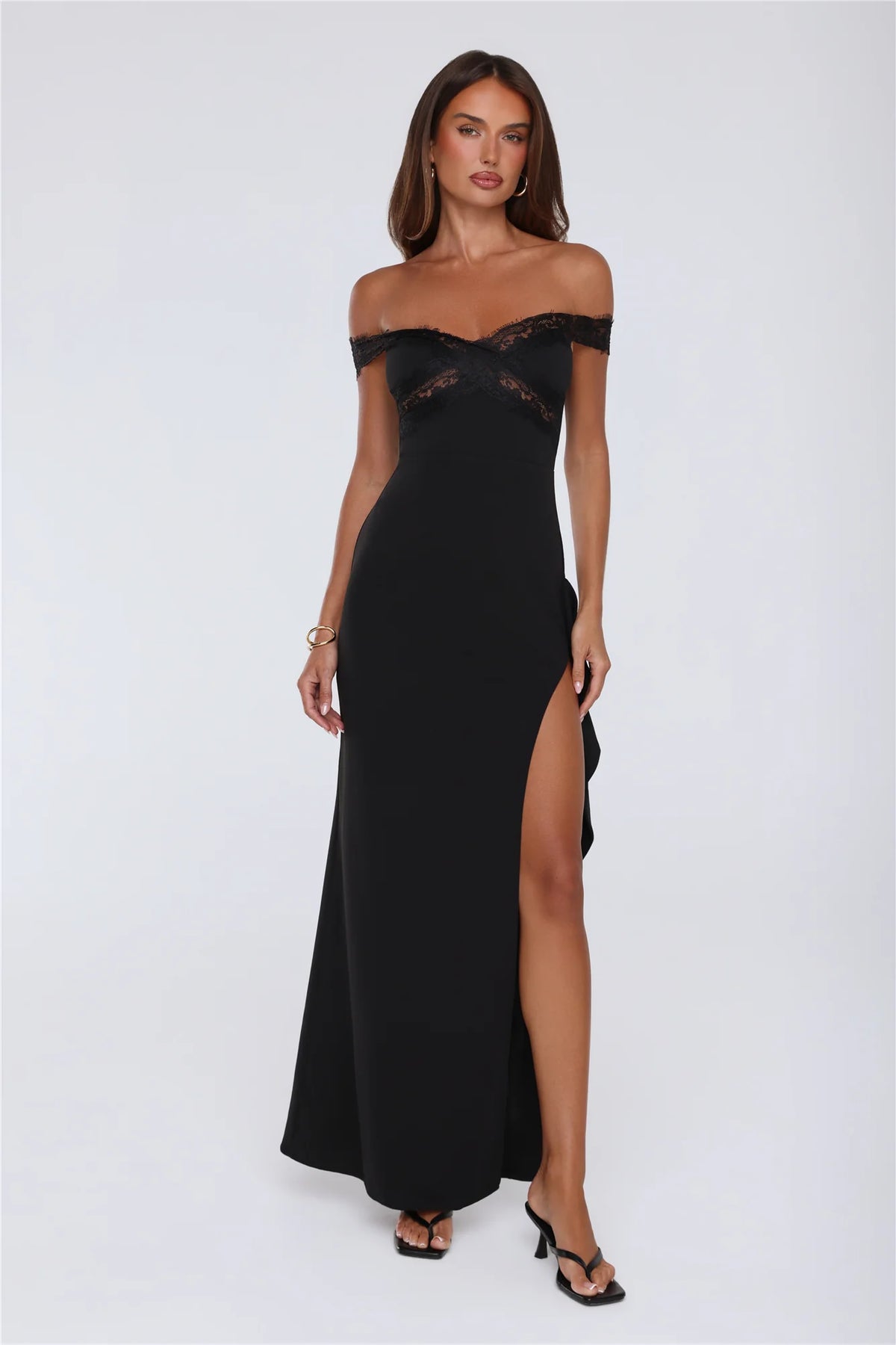 Ethereal Lace Off Shoulder Maxi Dress Black