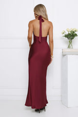 Polished Perspective Halter Satin Maxi Dress Plum