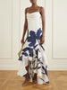 Inoportuna printed ruched ruffled satin maxi dress