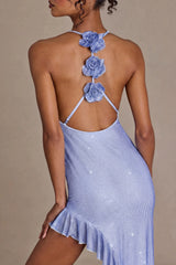 Embellished Plunge Asymmetric Maxi Dress in Sky Blue