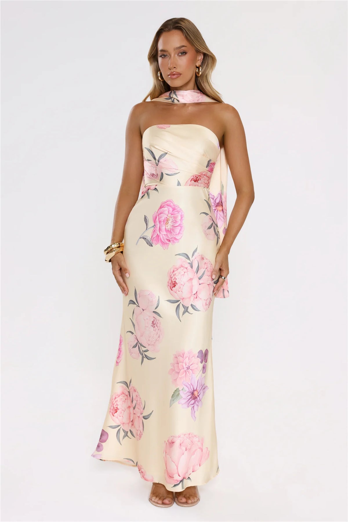 Chic Blooms Satin Maxi Dress Yellow